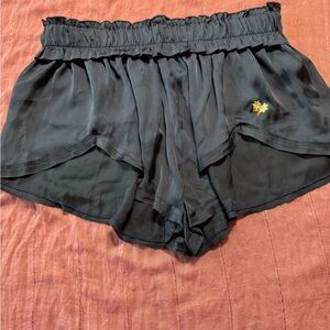 Free People Navy Layered Chiffon High-Waist Shorts with Yellow Embroidery